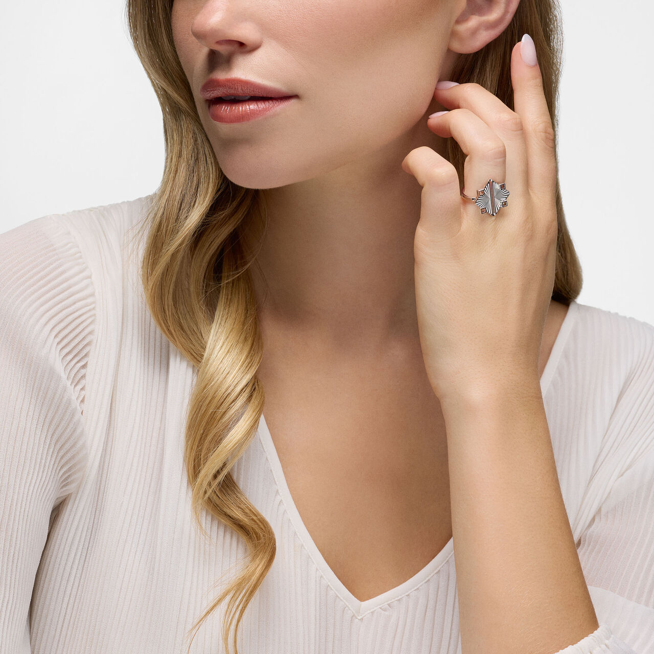 Birks Muse Guilloch&eacute; Sterling Silver Ring on model image number 1